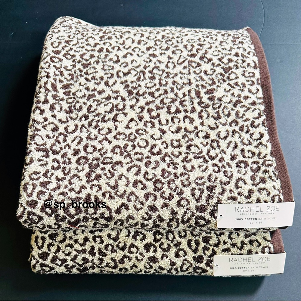 🎁RACHEL ZOE 2PC Bath Towel Set -Cotton- Brown & Tan Cheetah Print Bath - 30”x56”